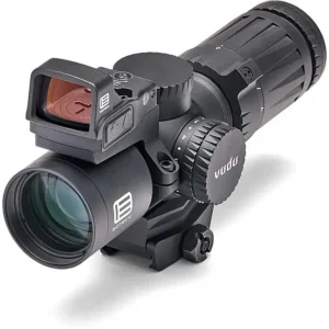 Tactical rifle scope mounted on rail system for precision shooting and hunting