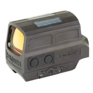 Holosun HE512T-GR enclosed red dot sight with green 2 MOA dot and 65 MOA circle reticle, black housing, and Picatinny rail mount
