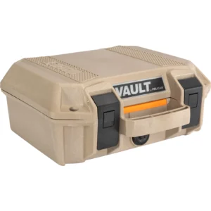 Pelican Vault V100 tan hard pistol case with layered foam insert and secure locking latches.