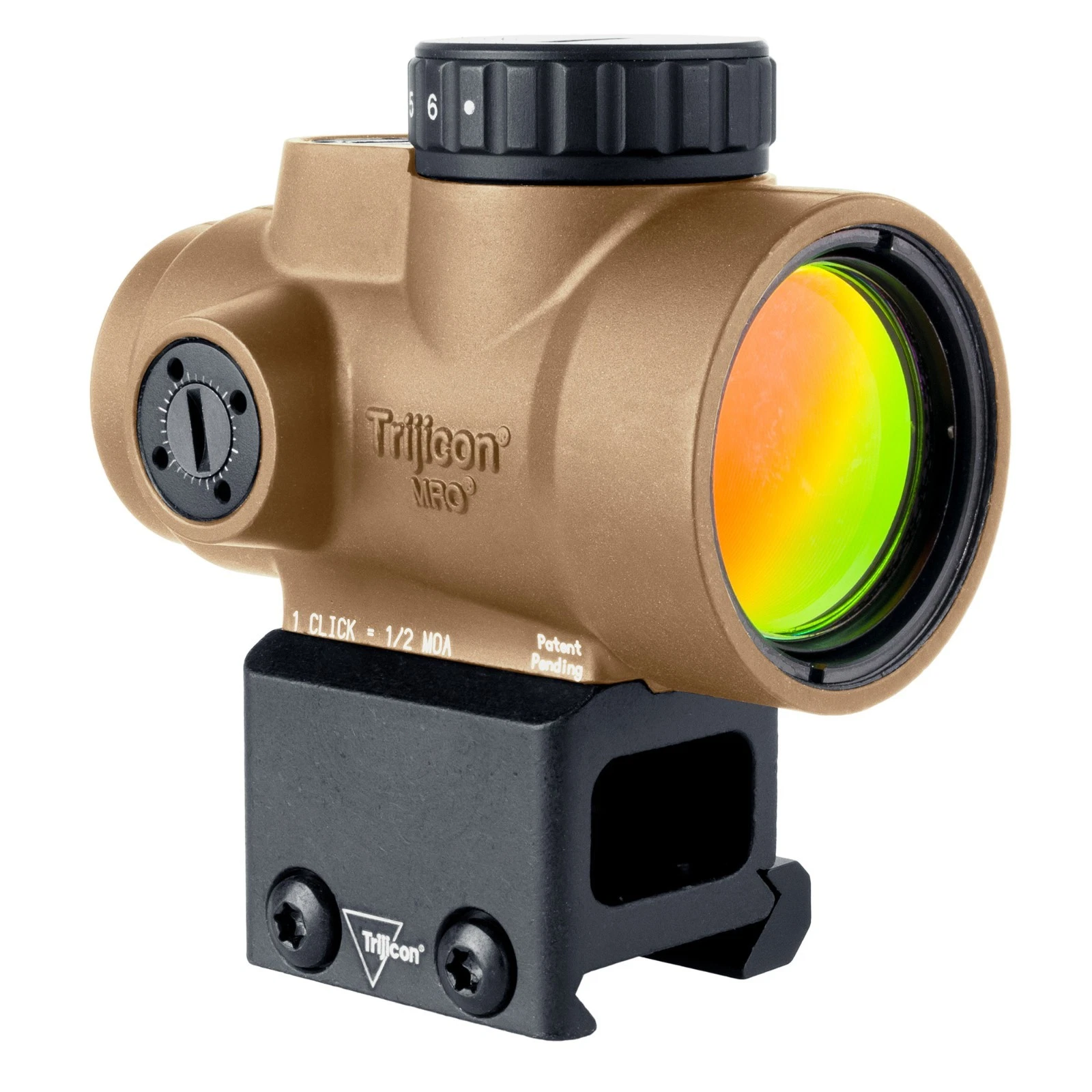 Trijicon MRO SD 1x25 red dot sight in coyote brown with 2.0 MOA dot and lower 1/3 co-witness mount