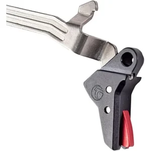 Timney Triggers Alpha Competition Trigger for Glock Gen 6 G17, G19, and G45 featuring a black trigger shoe with red safety lever.