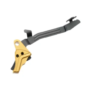 Tyrant CNC Improved Trigger System for Glock 43, Glock 43X, and Glock 48 with gold aluminum trigger shoe and black safety blade.