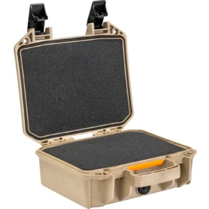 Pelican V100 Vault Tan pistol case with 5-layer foam interior, crushproof and dustproof